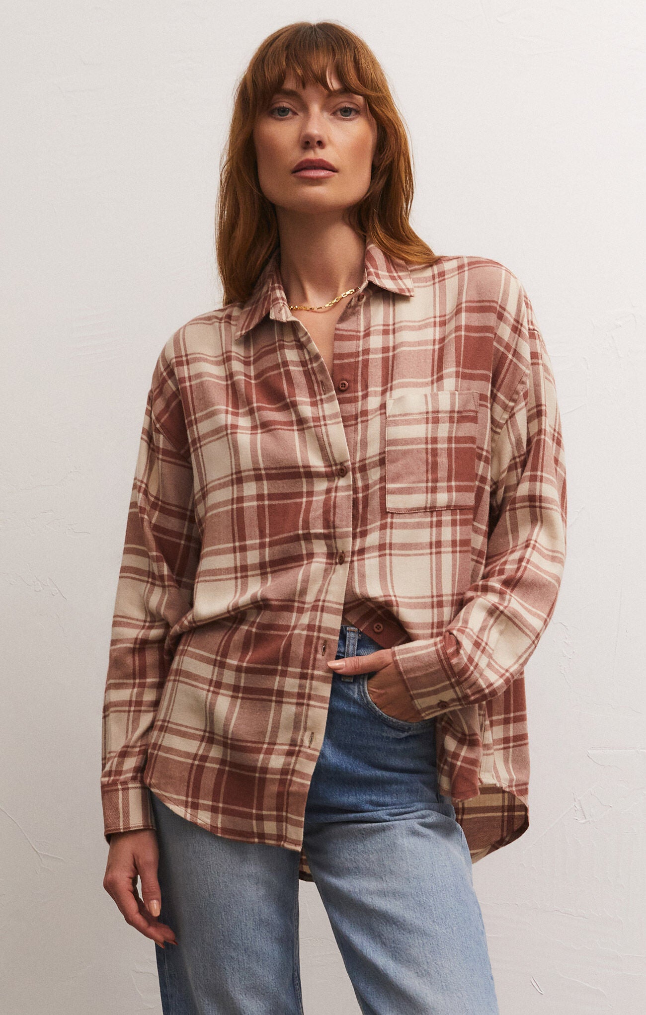 River Plaid Button Up - PLaid button down, long sleeve, burnt rust