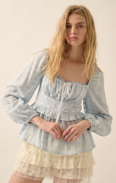 Shop At Grace, Alisson Peasant Top, blue, long sleeves, white ribbon detail, puff sleeve