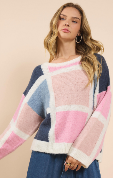 Shop At Grace, Candy Sweater, multi, color block, long sleeves, round neck