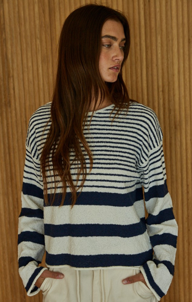 Shop At Grace, Elias Sweater Top, ivory and navy, striped sweater, long sleeves, loose sweater