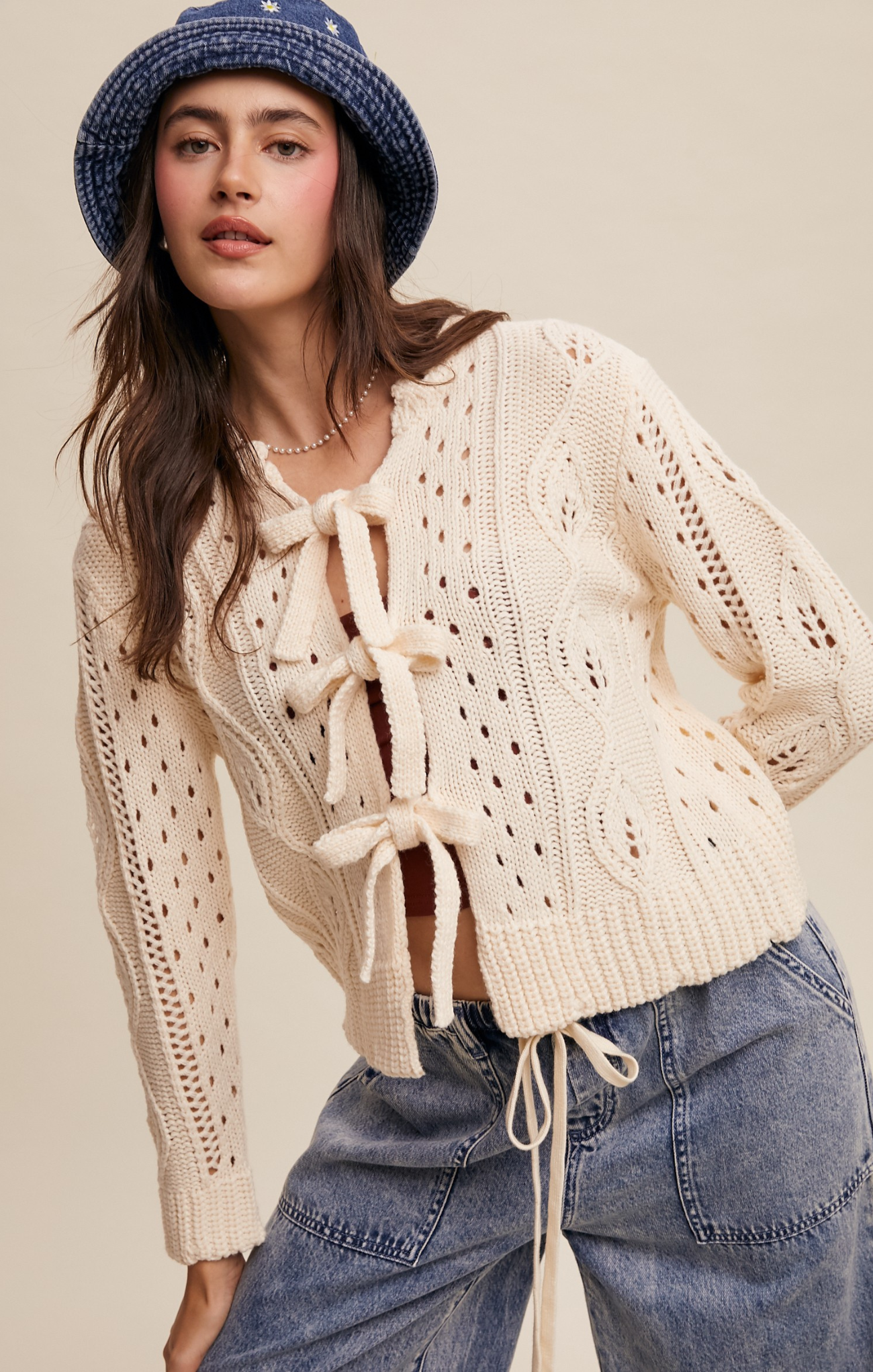 Shop At Grace, Eloise Tie Cardigan, cream, loose knit detail, long sleeves, tie front