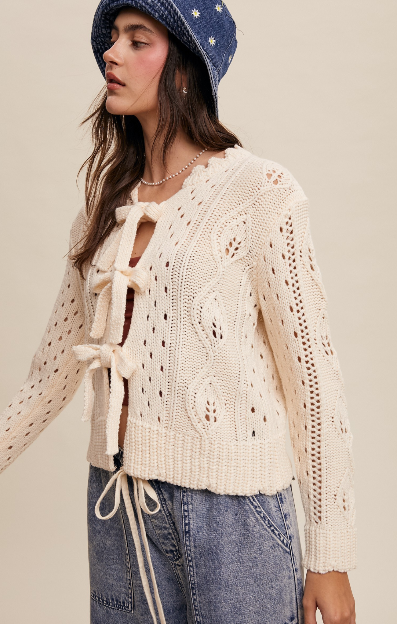 Shop At Grace, Eloise Tie Cardigan, cream, loose knit detail, long sleeves, tie front