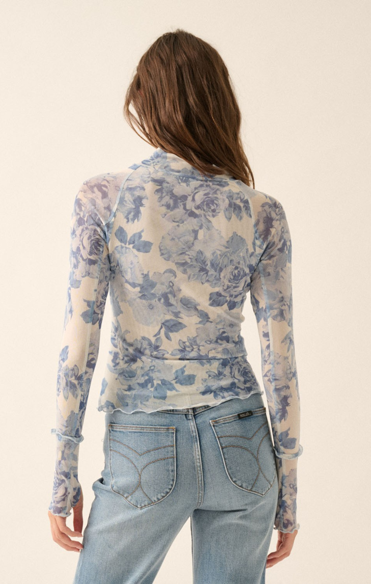 Shop At Grace, Estelle Floral Top, cream and blue, floral pattern, lettuce hem, full length 