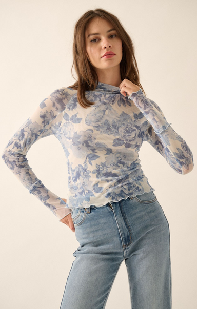 Shop At Grace, Estelle Floral Top, cream and blue, floral pattern, lettuce hem, full length 