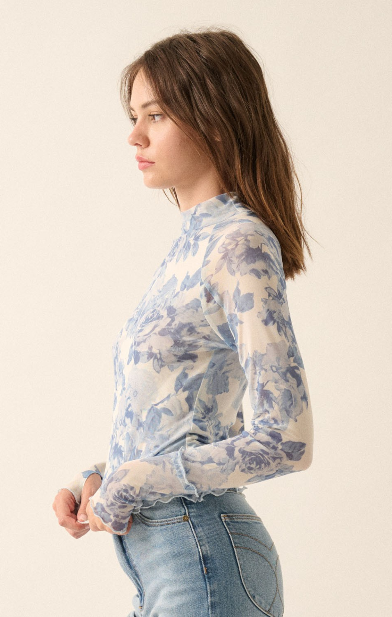 Shop At Grace, Estelle Floral Top, cream and blue, floral pattern, lettuce hem, full length 