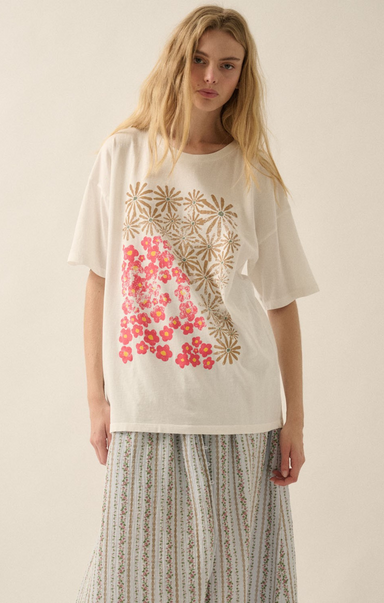 Shop At Grace, Karla Graphic Tee, ivory, graphic tee, floral pattern, short sleeves, oversized