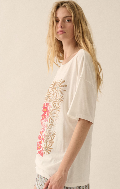 Shop At Grace, Karla Graphic Tee, ivory, graphic tee, floral pattern, short sleeves, oversized