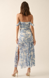 Shop At Grace, Laurel Maxi Dress, cream and blue, floral pattern, sleeveless, off the shoulder option, midi dress