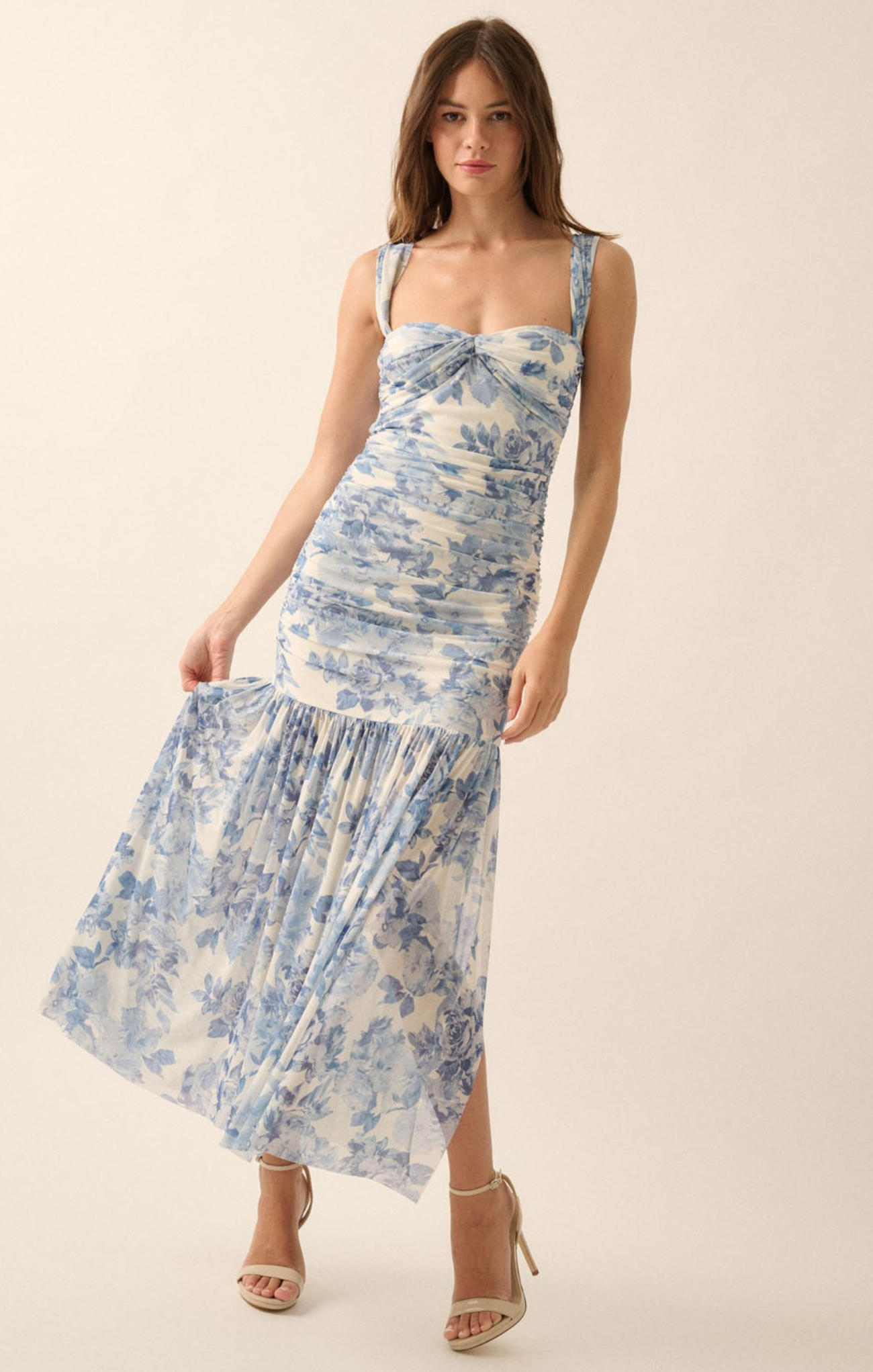 Shop At Grace, Laurel Maxi Dress, cream and blue, floral pattern, sleeveless, off the shoulder option, midi dress