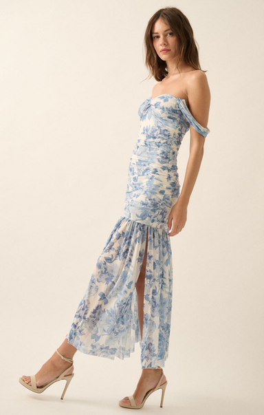 Shop At Grace, Laurel Maxi Dress, cream and blue, floral pattern, sleeveless, off the shoulder option, midi dress