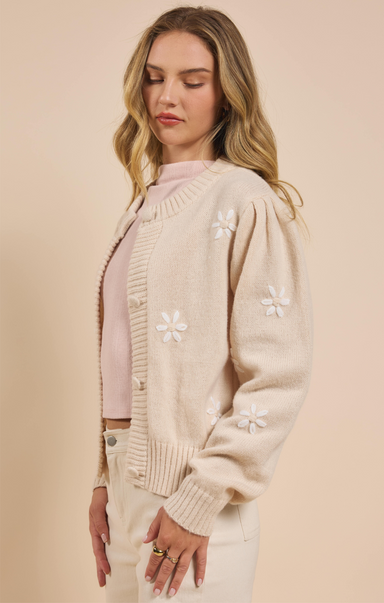 Shop At Grace, Pretty Daisy Cardigan, cream, button front, white embroidered daisy pattern, long sleeves 