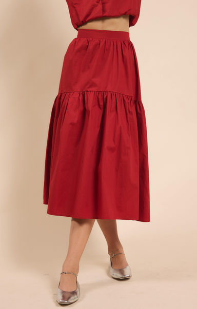 Shop At Grace, Sadie + Sage, Shades on Tiered Midi Skirt, poppy red, midi length, elastic waist