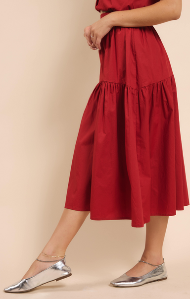 Shop At Grace, Sadie + Sage, Shades on Tiered Midi Skirt, poppy red, midi length, elastic waist