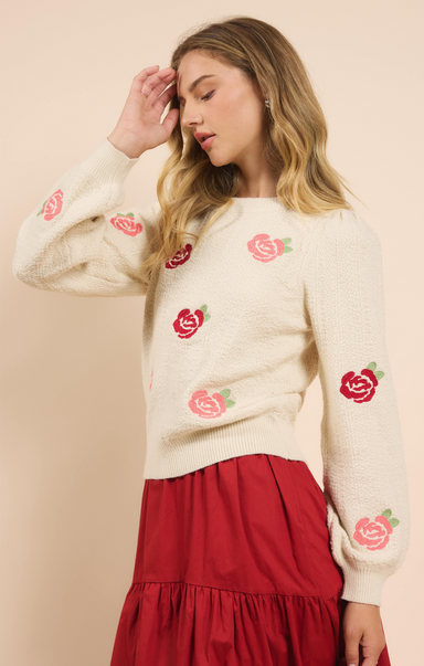 Shop At Grace, Smell The Roses Embroidered Sweater, cream, rose detail, long sleeves, round neck