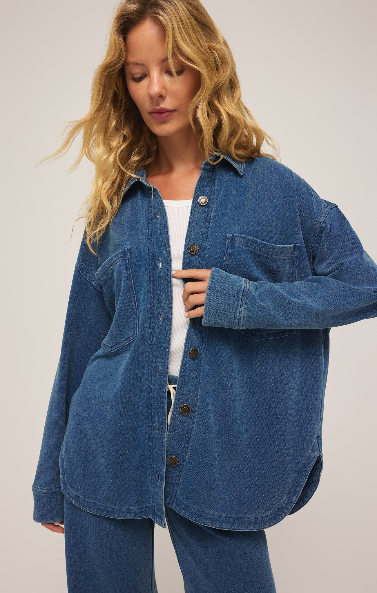 Shop At Grace, Z-Supply, All Day Knit Denim Jacket, vintage indigo, button front, long sleeves 