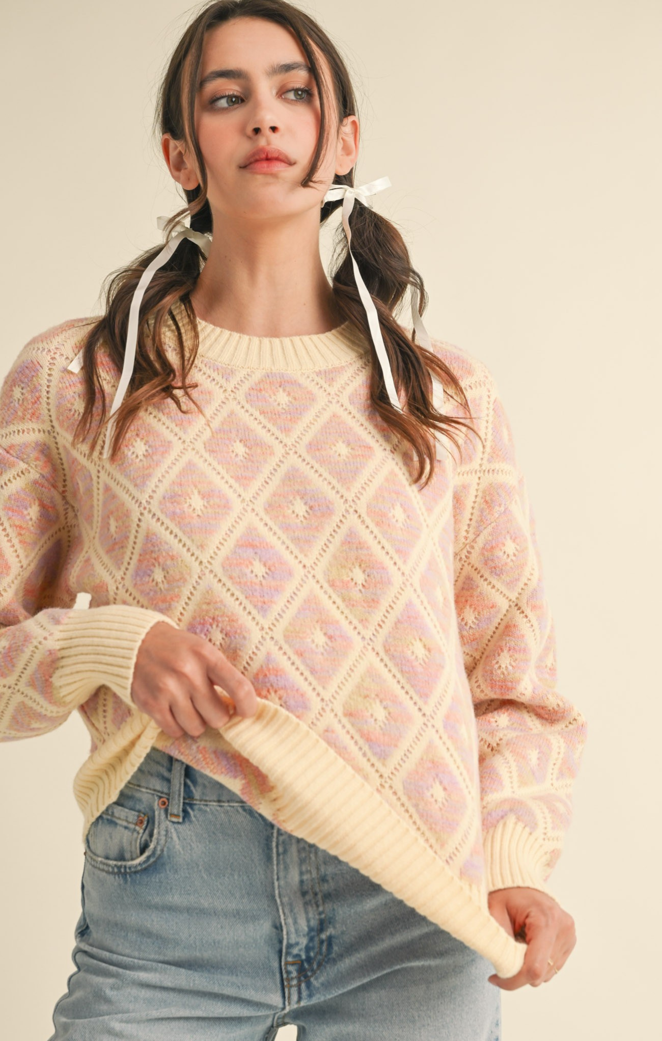 Shop At Grace, Avani Diamond Knit Sweater, pink orange, long sleeve, round neck, diamond pattern