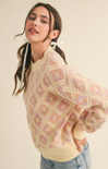 Shop At Grace, Avani Diamond Knit Sweater, pink orange, long sleeve, round neck, diamond pattern