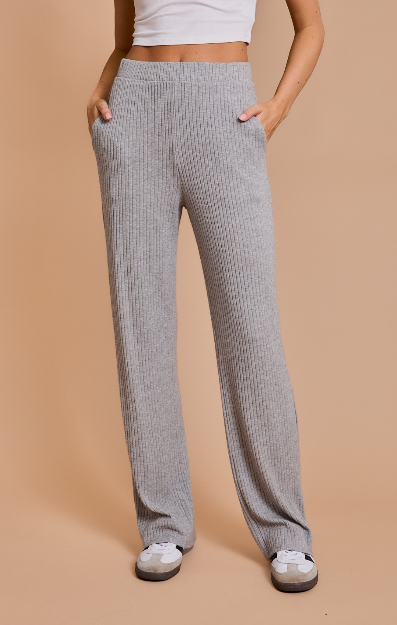 Shop At Grace, Emma Cozy Knit Pants, Heather grey, ribbed fabric, stretch waist, full length