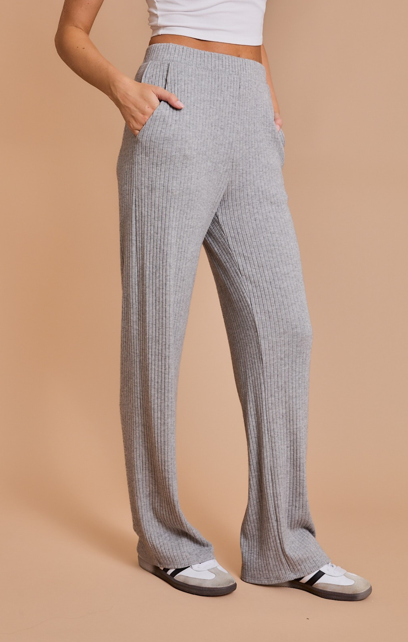 Shop At Grace, Emma Cozy Knit Pants, Heather grey, ribbed fabric, stretch waist, full length