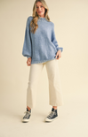 Shop At Grace, Kya Oversized Sweater, light blue, long sleeves, mock neck, white contrast stitching, puff sleeves