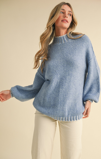 Shop At Grace, Kya Oversized Sweater, light blue, long sleeves, mock neck, white contrast stitching, puff sleeves