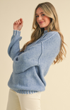 Shop At Grace, Kya Oversized Sweater, light blue, long sleeves, mock neck, white contrast stitching, puff sleeves