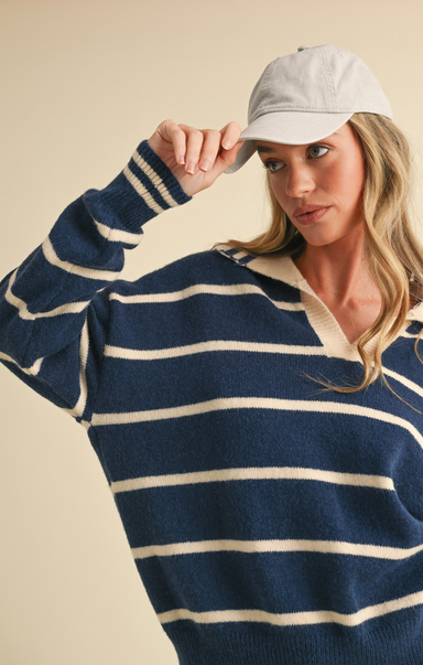 Shop At Grace, Andie Collared Sweater, navy and cream, v-neck, collared, long sleeves striped detail