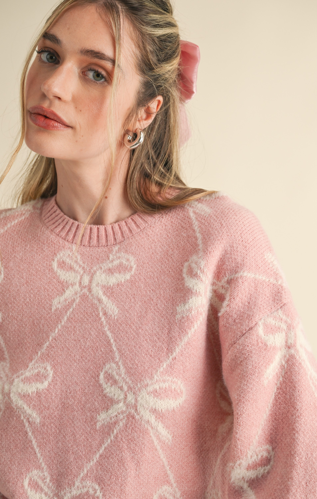 Shop At Grace, Ballerina Bow Sweater, ballerina pink ivory, bow pattern, long sleeves, sweater