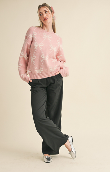 Shop At Grace, Ballerina Bow Sweater, ballerina pink ivory, bow pattern, long sleeves, sweater