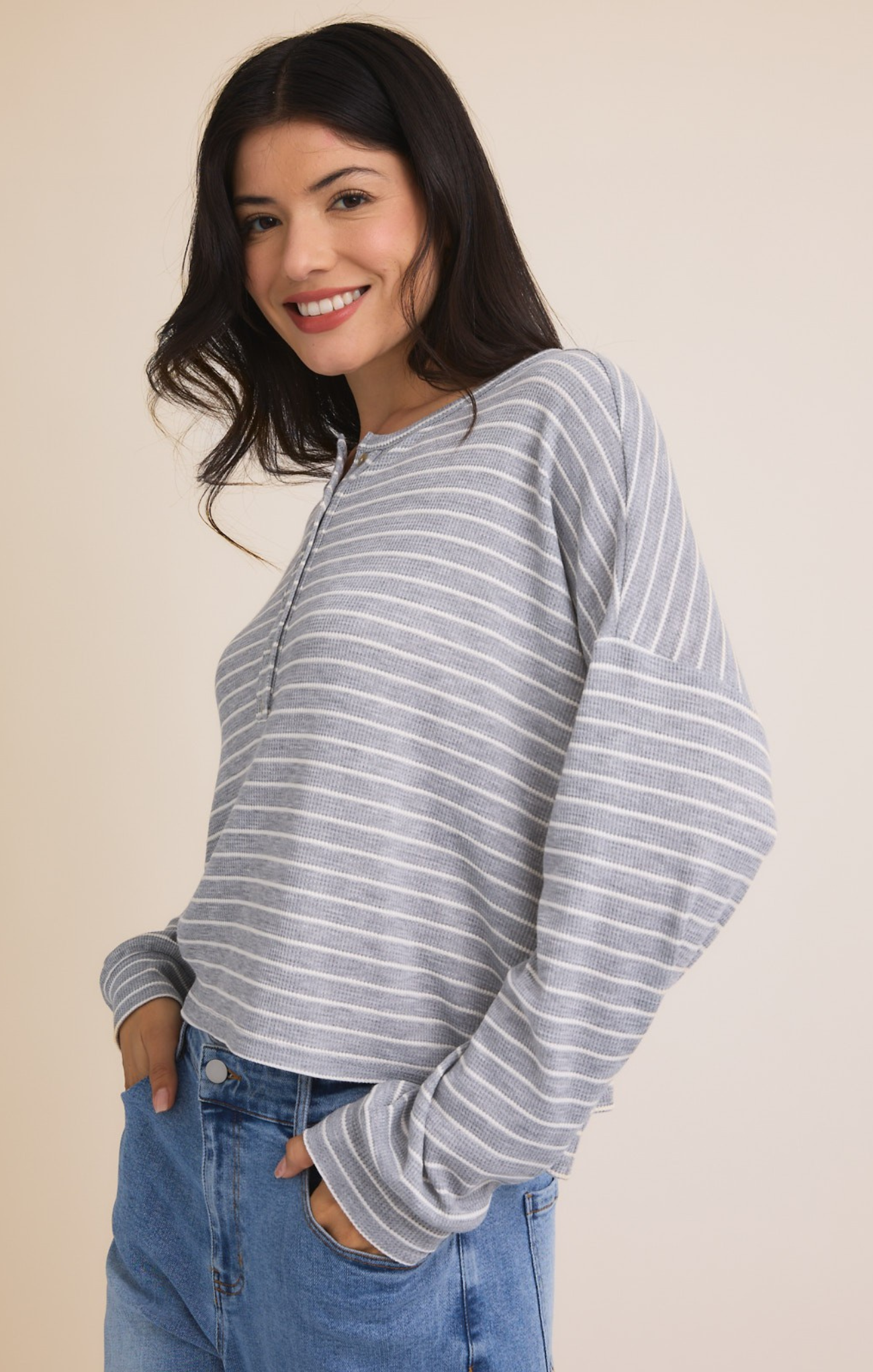 Shop At Grace, Charlotte Stripe Henley, grey and white striped, henley, button front, long sleeves