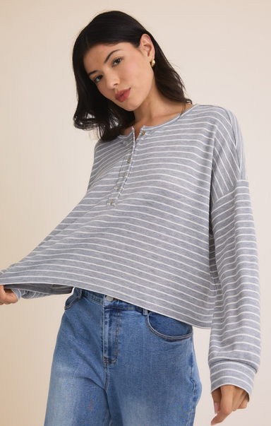 Shop At Grace, Charlotte Stripe Henley, grey and white striped, henley, button front, long sleeves