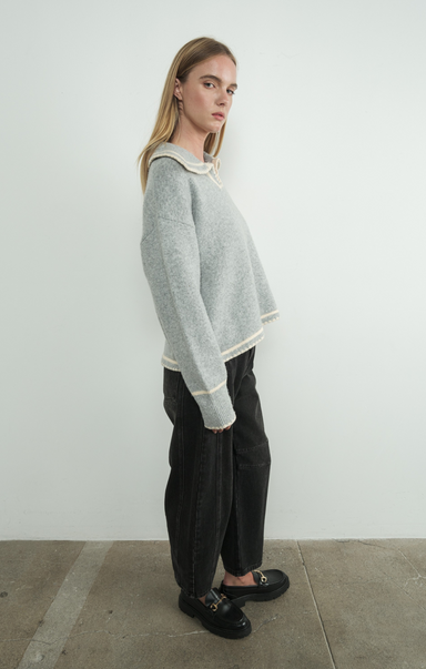 Shop At Grace, Damson Collar Sweater, grey, collared top, long sleeves, cream stitch detail