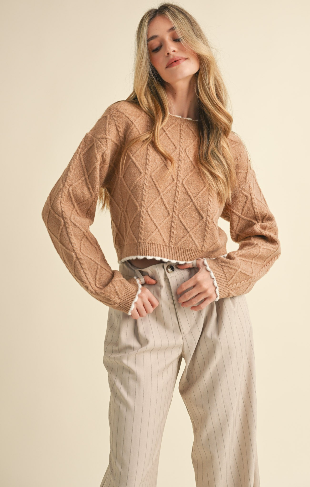 Shop At Grace, Dania Cable Cropped Sweater, camel, white trim, cable detail, long sleeves