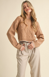 Shop At Grace, Dania Cable Cropped Sweater, camel, white trim, cable detail, long sleeves