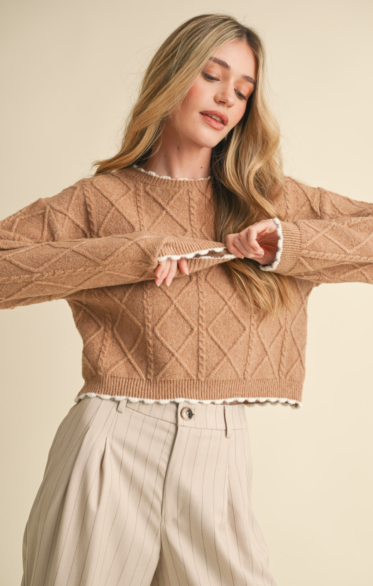 Shop At Grace, Dania Cable Cropped Sweater, camel, white trim, cable detail, long sleeves