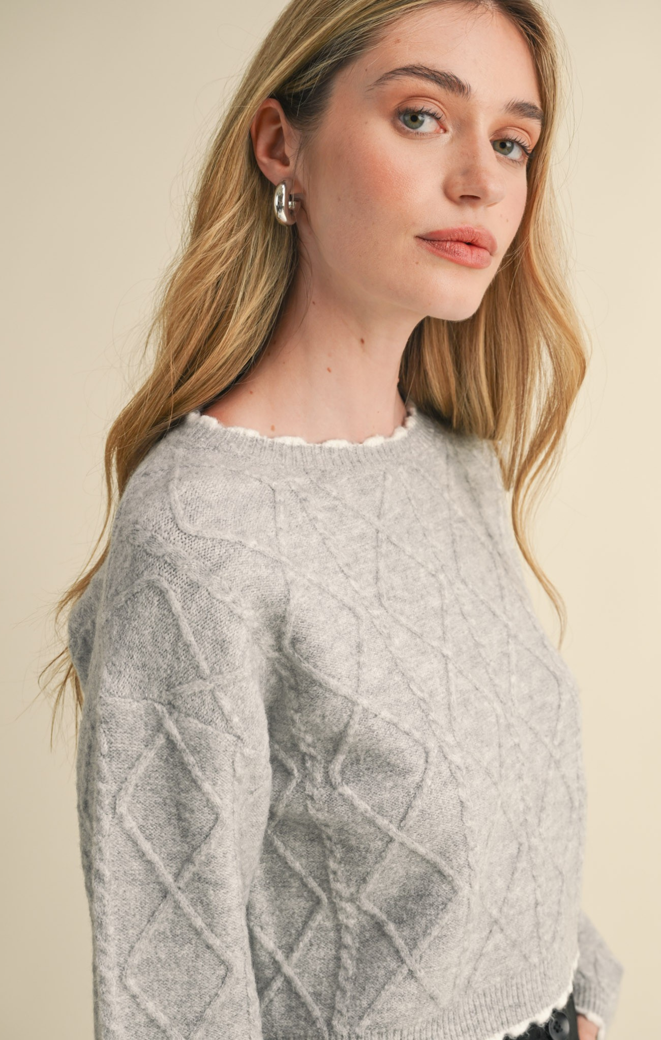 Shop At Grace, Dania Cable Cropped Sweater, heather grey, white trim, cable detail, long sleeves