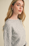 Shop At Grace, Dania Cable Cropped Sweater, heather grey, white trim, cable detail, long sleeves