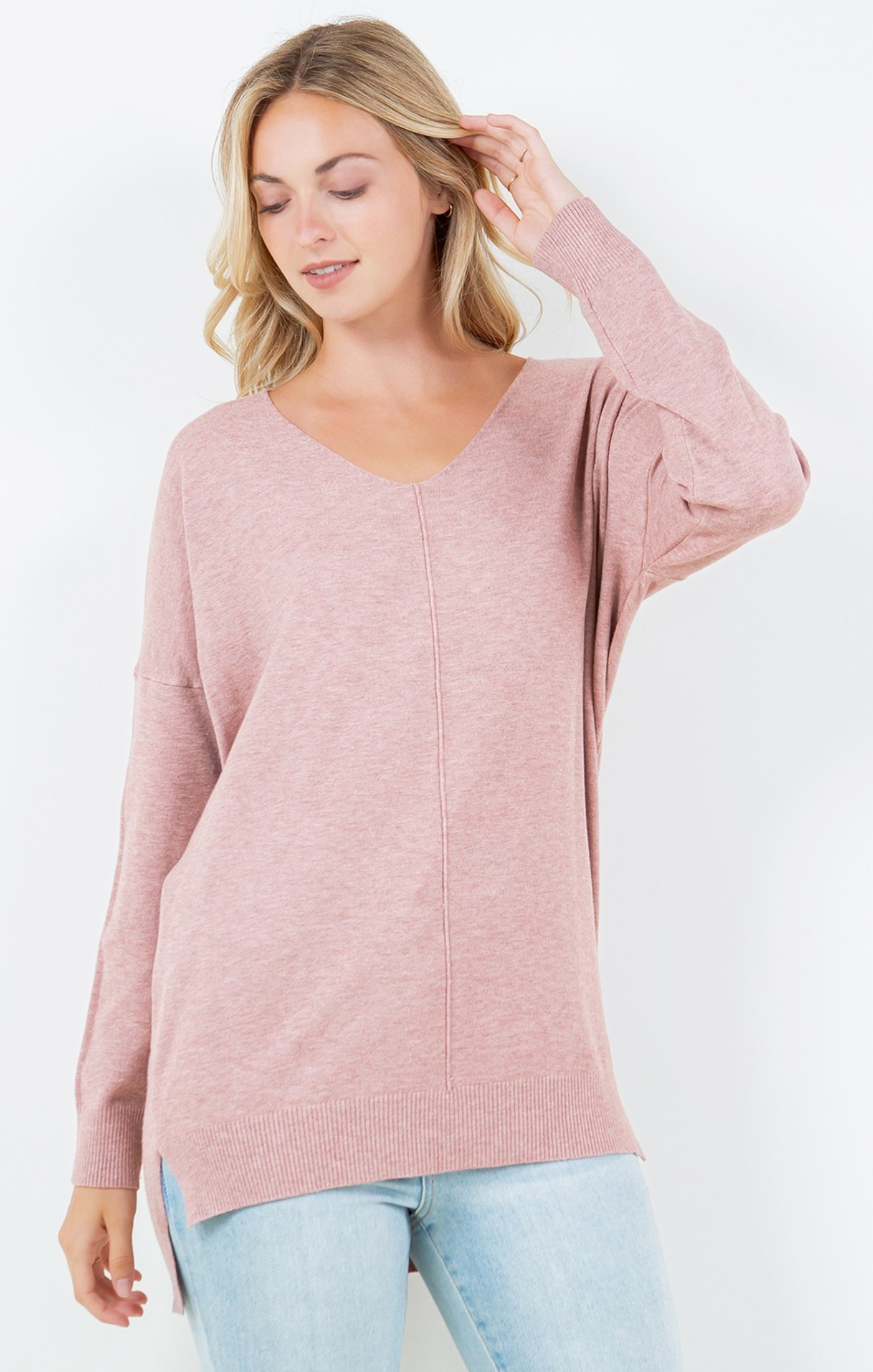 Shop At Grace, Dreamers Sweater, Dreamers V-Neck Sweater, Heather soft pink, long sleeves, sweater