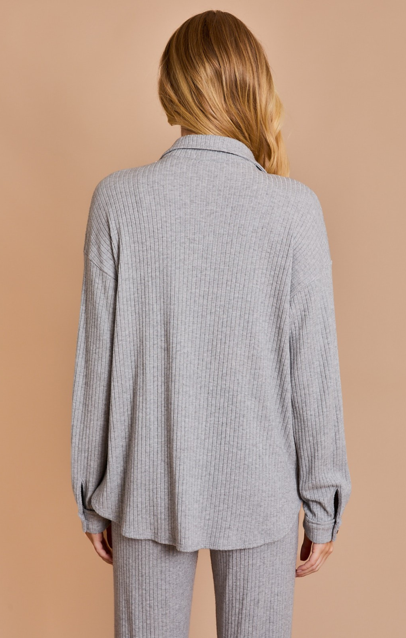 Shop At Grace, Emma Cozy Button Up, heather grey, front pocket, long sleeves, tortoise buttons