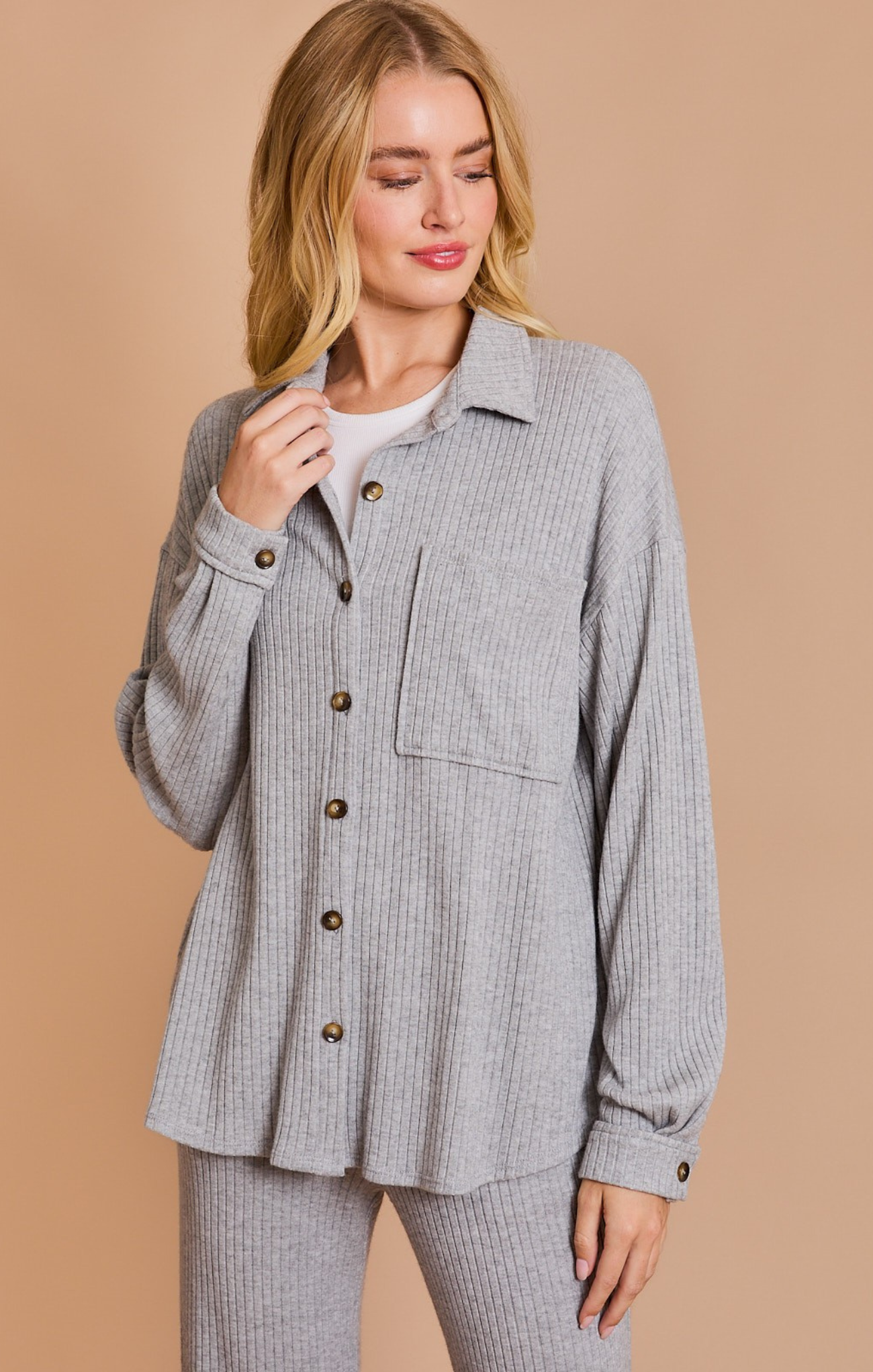 Shop At Grace, Emma Cozy Button Up, heather grey, front pocket, long sleeves, tortoise buttons