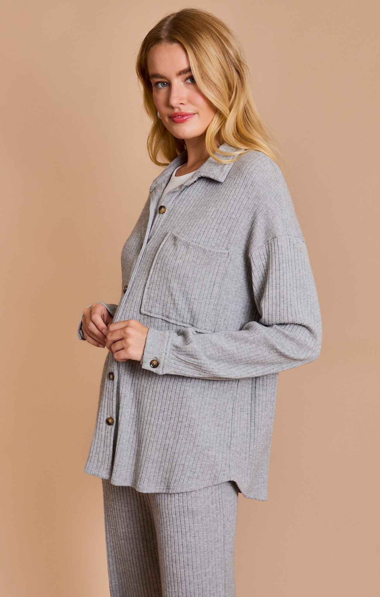 Shop At Grace, Emma Cozy Button Up, heather grey, front pocket, long sleeves, tortoise buttons