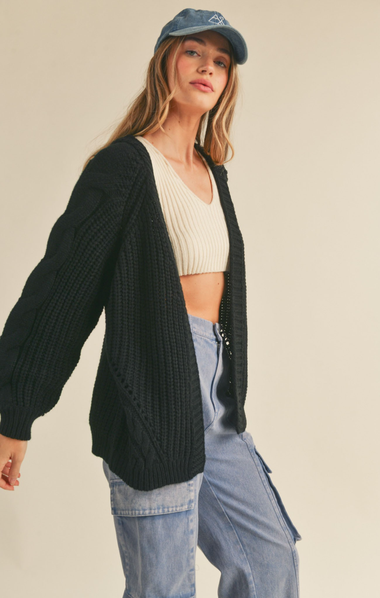 Shop At Grace, Emryn Cable Cardigan, black, open cardigan, long sleeves, cable knit