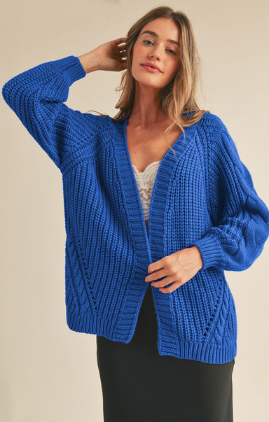 Shop At Grace, Emryn Cable Cardigan, cobalt blue, open cardigan, long sleeves, cable knit