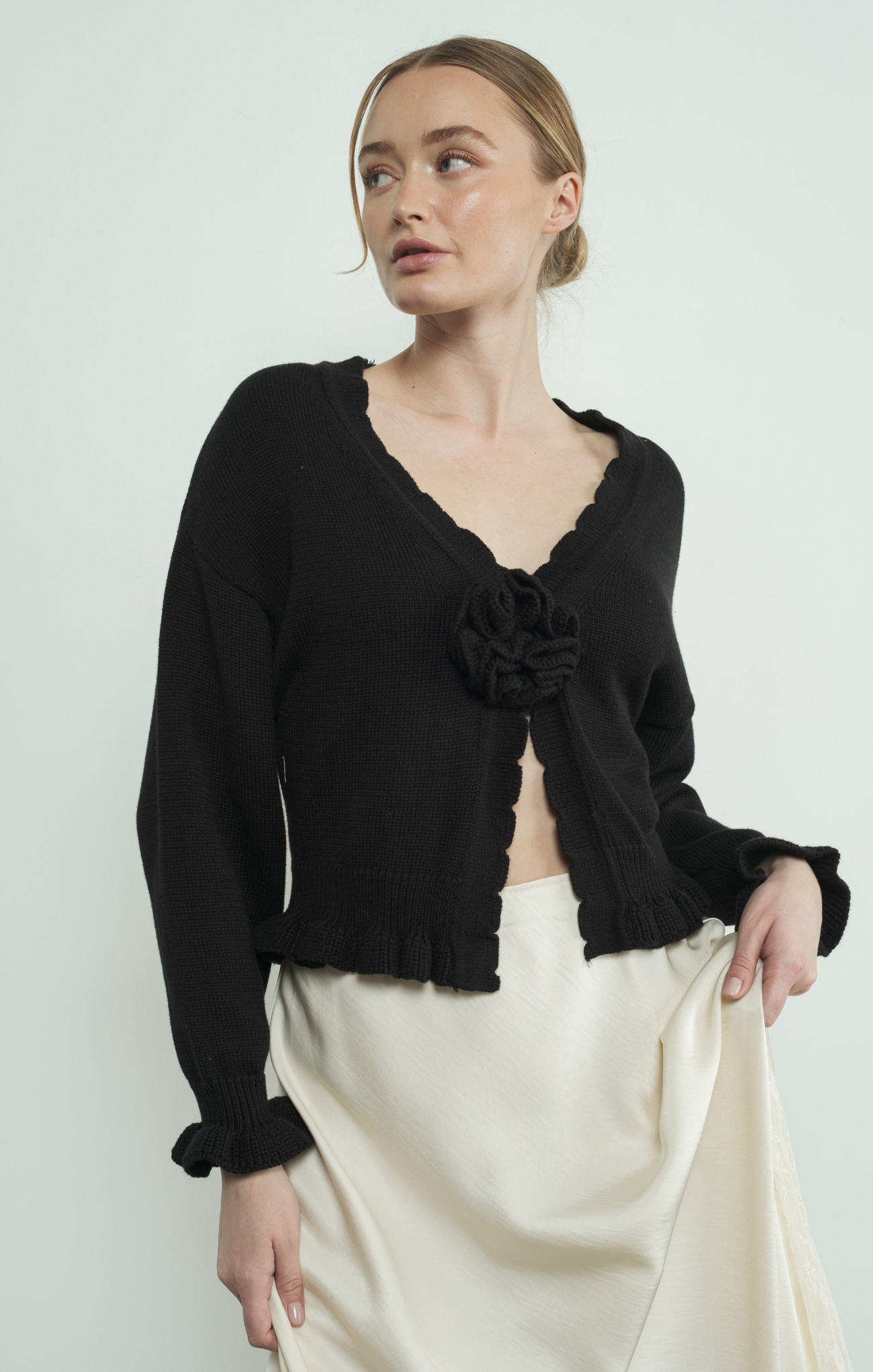 Shop At Grace, Flower Ruffle Cardigan, black, v-neck, lettuce hem, cuffed wrists