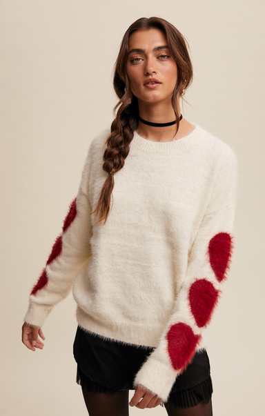 Shop At Grace, Give Love Fuzzy Sweater, cream, red hearts on sleeve, round neck