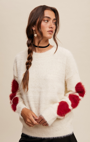 Shop At Grace, Give Love Fuzzy Sweater, cream, red hearts on sleeve, round neck