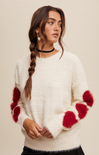 Shop At Grace, Give Love Fuzzy Sweater, cream, red hearts on sleeve, round neck