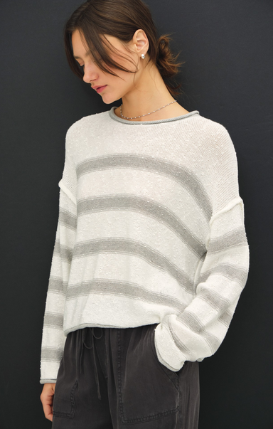 Shop At Grace, Janelle Stripe Sweater, warm grey, long sleeves, striped detail, lightweight spring sweater