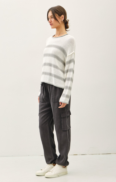 Shop At Grace, Janelle Stripe Sweater, warm grey, long sleeves, striped detail, lightweight spring sweater