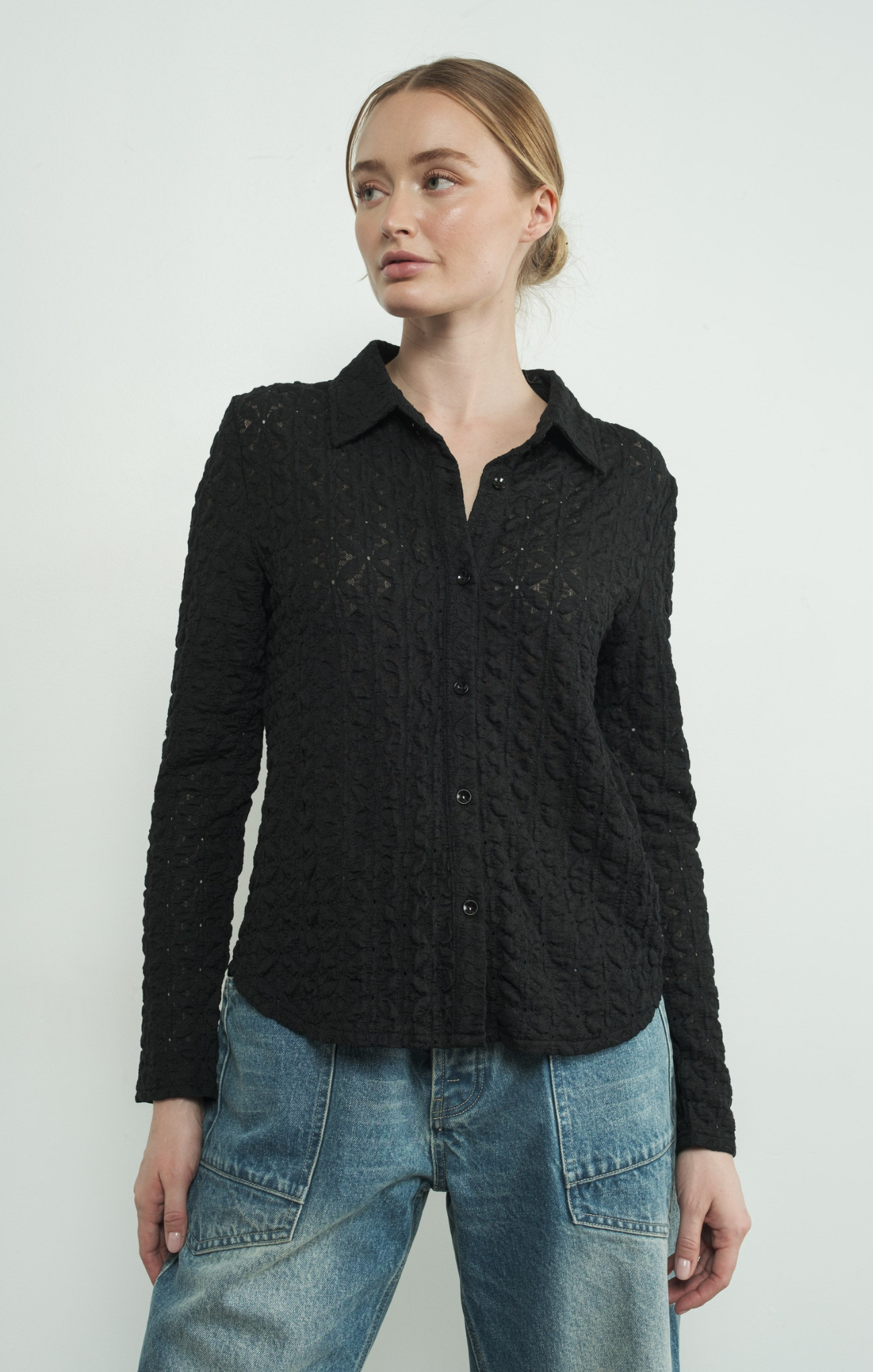 Shop At Grace, Luci Lace Shirt, black, collared, button down, lace